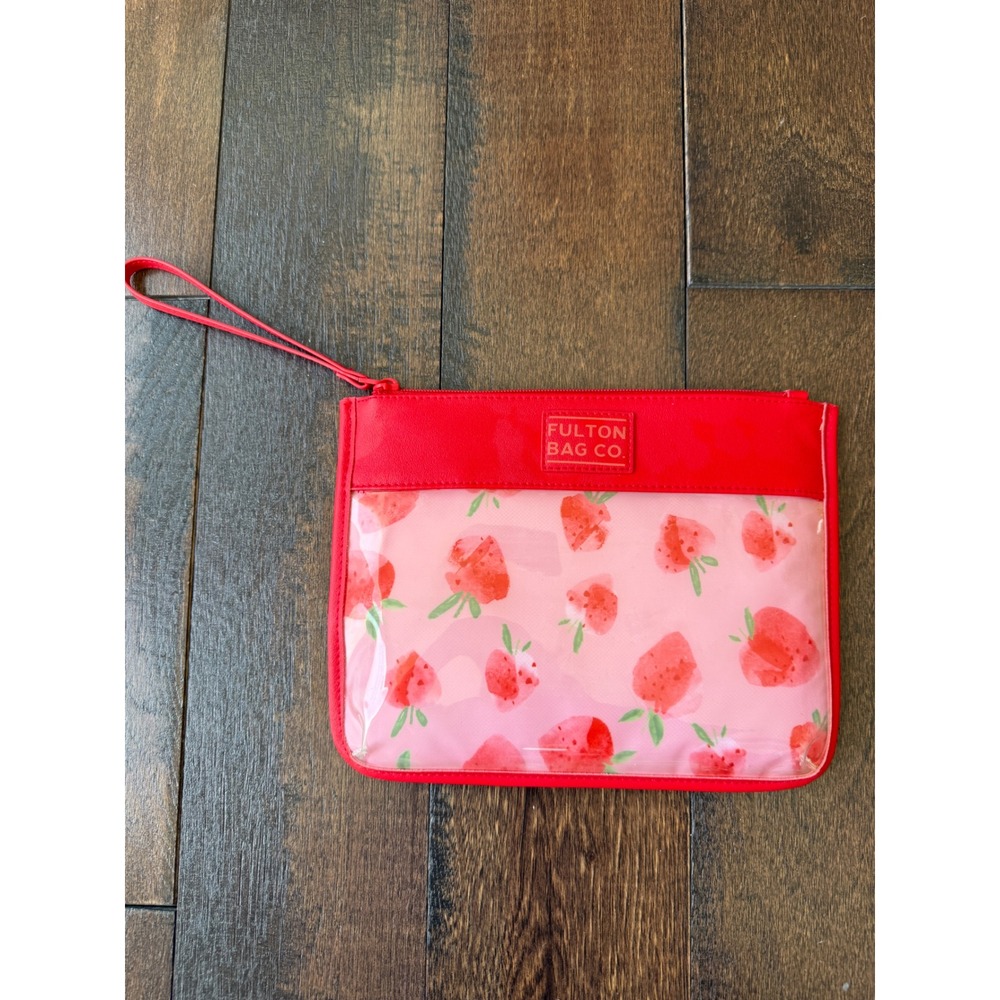 Fulton Bag Co Red Strawberry Print‎ Clear Front Wristlet Pouch Zipper Clutch